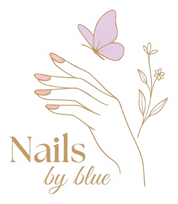 Getekende hand met vlinder en bloem – logo Nails by Blue